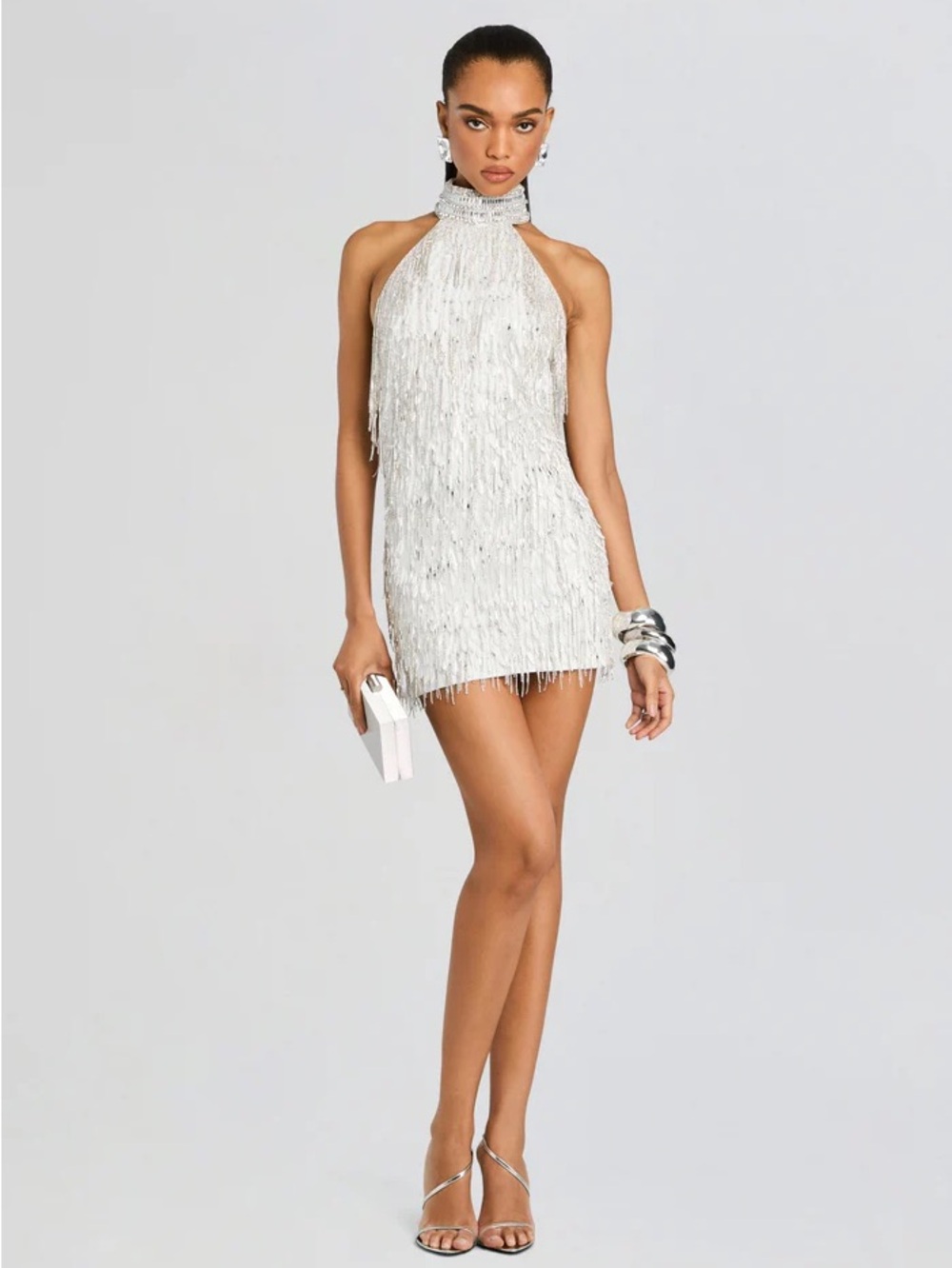Tori Retrofete White Sequin Fringe Halter Mini Dress XS